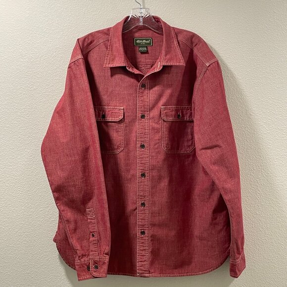 MEN EDDIE BAUER Like New Vintage Button Down Chambray Long Sleeve Shirt, Red - L - Picture 1 of 10